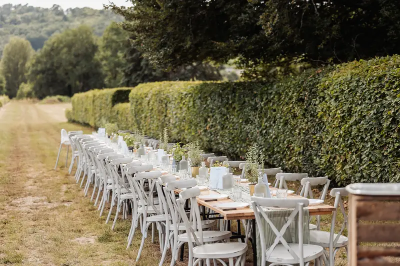Lange gedekte tafel in de tuin naast een hoge haag